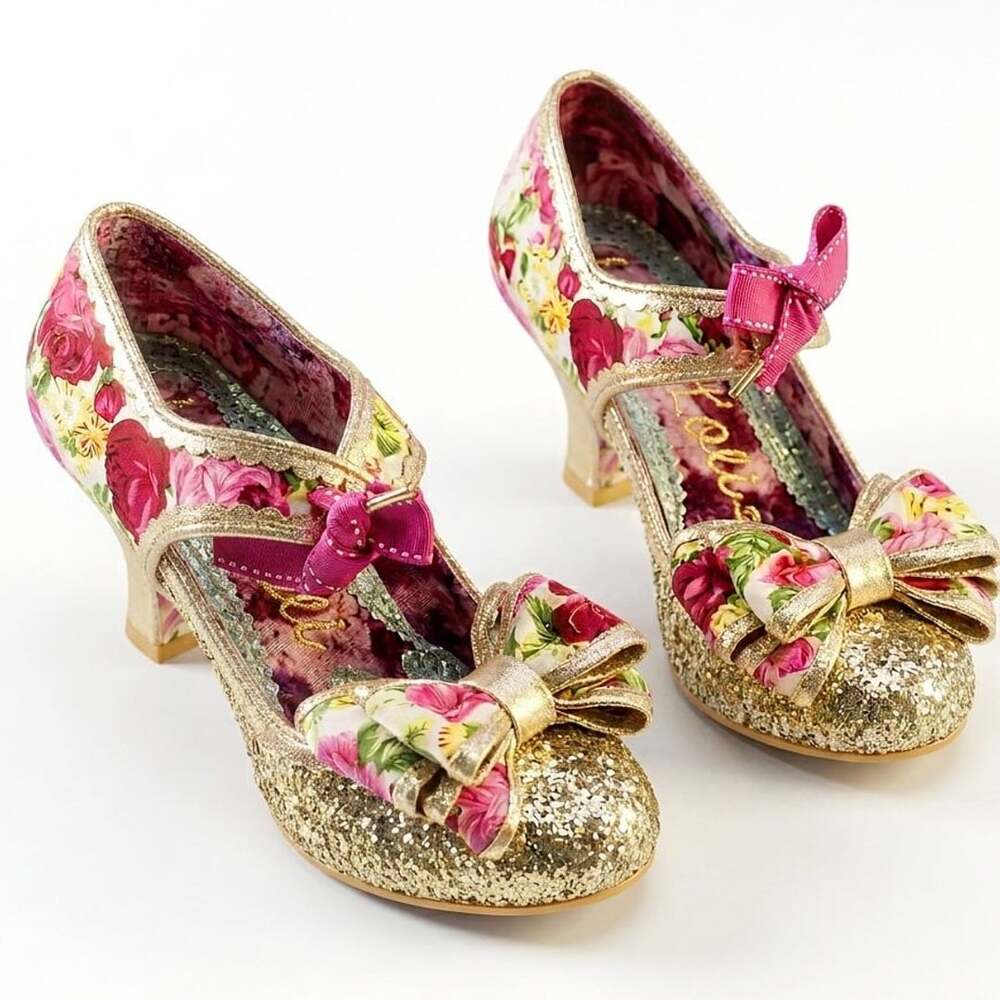 Irregular Choice Fancy That Floral Gold Glitter T-Strap Heels US 5 EUR 35